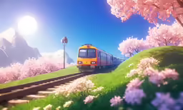 the train is moving quickly along the tracks through a lush green field