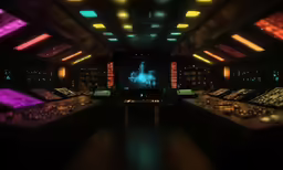 a sound board with multiple lighting effects and people in it
