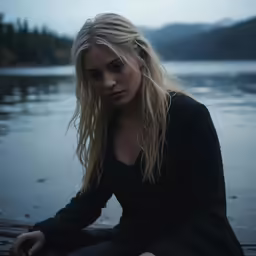 a woman sitting in front of water, on the shore of a lake