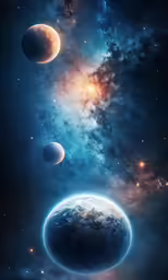 three planets, in the sky, and in the foreground are some stars