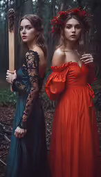 two women wearing red and blue gowns with flowers and roses are holding a wooden stick