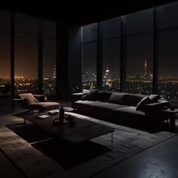 a living room with a city view lit up