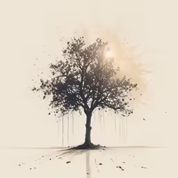 a large tree sits in the distance while drops of rain fall on it