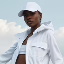 the woman wears a white cap and jacket