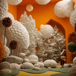 a room decorated with paper flowers and a forest of white trees