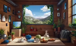a room with various objects that include coffee, tea and flowers