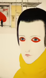a woman with bright red eyes on a snowy day