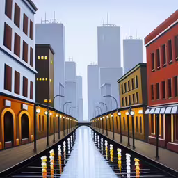 a painting of an art gallery showing a street scene,a painting of an empty street in front of buildings,a city with a street lined by buildings and candles,a street that has many lights on it,this painting shows an image of a canal next to buildings