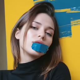 a woman wearing blue tape to her mouth with a yellow background