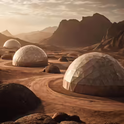 futuristic desert scene with four domes in middle