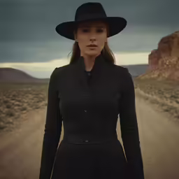 woman in black outfit and hat standing near dirt road