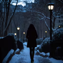 a woman in black coat walking along street next to lamp
