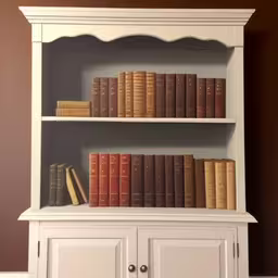 a bookcase sitting in a room filled with books,an image of a book shelf with books,a white bookcase with books on top of it,white bookshelf with books on top and white cupboard,a close up of many books on a white bookcase
