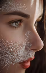 closeup of a young woman with snow on her face