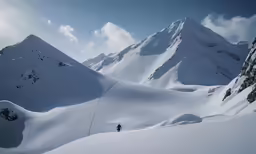 a snowy mountain area with some people hiking up the side