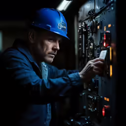 a man in a hard hat adjusts a control panel