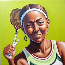 a painting of a woman holding a tennis racket,a painting of a smiling woman with tennis racquet