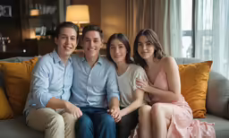 four people sitting on top of a couch