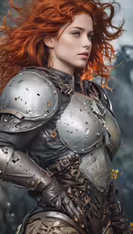 a woman wearing armor and a cape