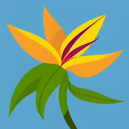a big orange flower with green leaves floating in the air