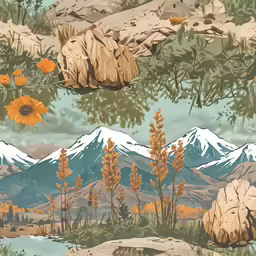 the mountains are seen with many plants and flowers in it