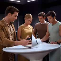 a group of young men and women standing around an open computer