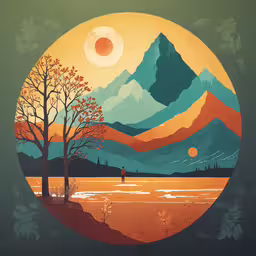 a painting of a mountain, sun and water,a painting depicting a mountain landscape