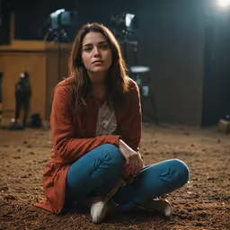 a woman is squatting down in the dirt while she is taking a photo,a girl is crouched down in front of an event scene
