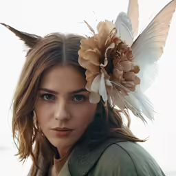 girl wearing white and brown flower in her hair with feathers