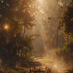 a foggy park bench with sunbeams shining through