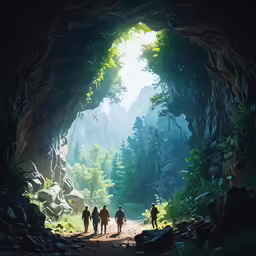 a group of people are walking toward the cave