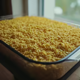 rice is being cooked in a baking dish with glass cover