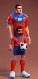 two animated male figurines are depicted in the picture,a male soccer player in a red jersey holding a soccer ball