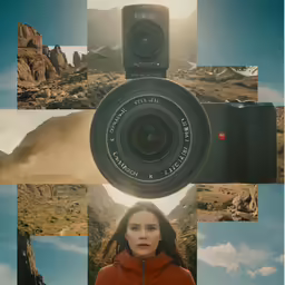 a woman holding up a camera on top of a mountain