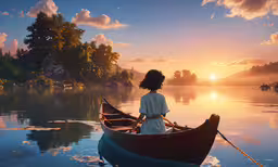 the girl is standing in her long boat on the lake,a woman in white dress standing on boat at sunset