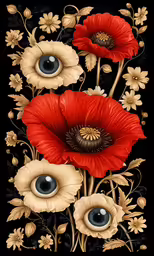a painting of three red flowers with two large blue eyes