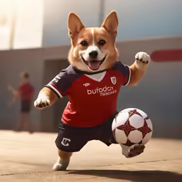 a corgi dog running to kick a soccer ball