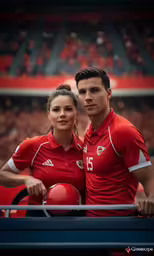a man and woman pose with a red ball on their hand