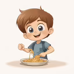 a cartoon boy eating pasta from a bowl