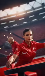 woman in red uniform posing by bar in stadium