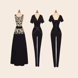 three black dresses with sequins and flower pattern on them
