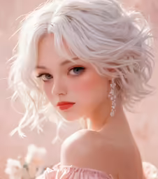 a close - up photo of a woman with white hair and earrings