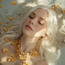 a blonde woman is laying down on the ground wearing a flowery necklace