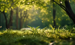 a green grassy field covered in trees and leaves