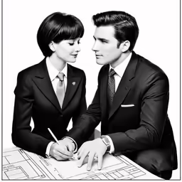 a man and a woman sitting at a table in suits