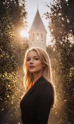 a woman standing in front of an old castle looking building