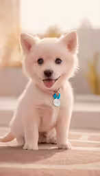 a puppy sits on the ground and smiles