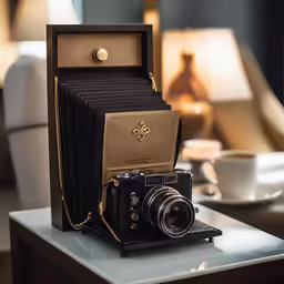an old style camera is shown on a table