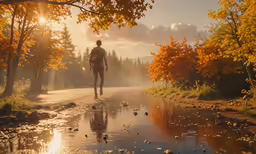 a man walking down the road at sunrise