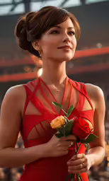 a woman in red dress holding a red rose